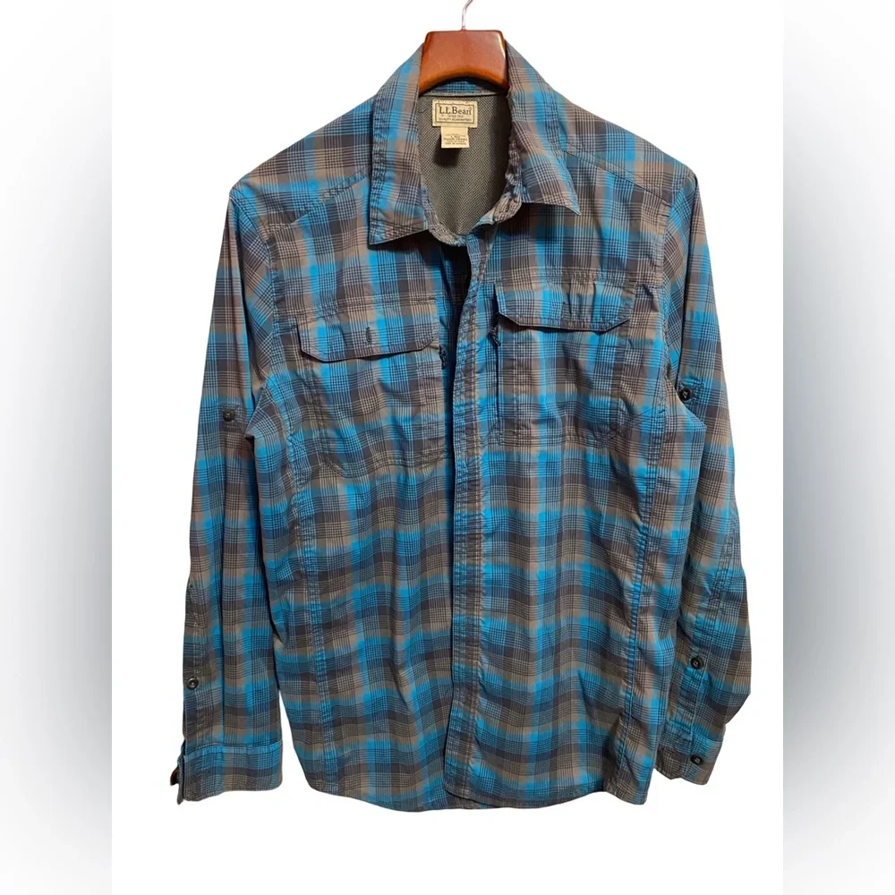 LL Bean Blue & Brown Plaid Outdoor Hiking Fishing Long Sleeve Shirt Size‎ Large